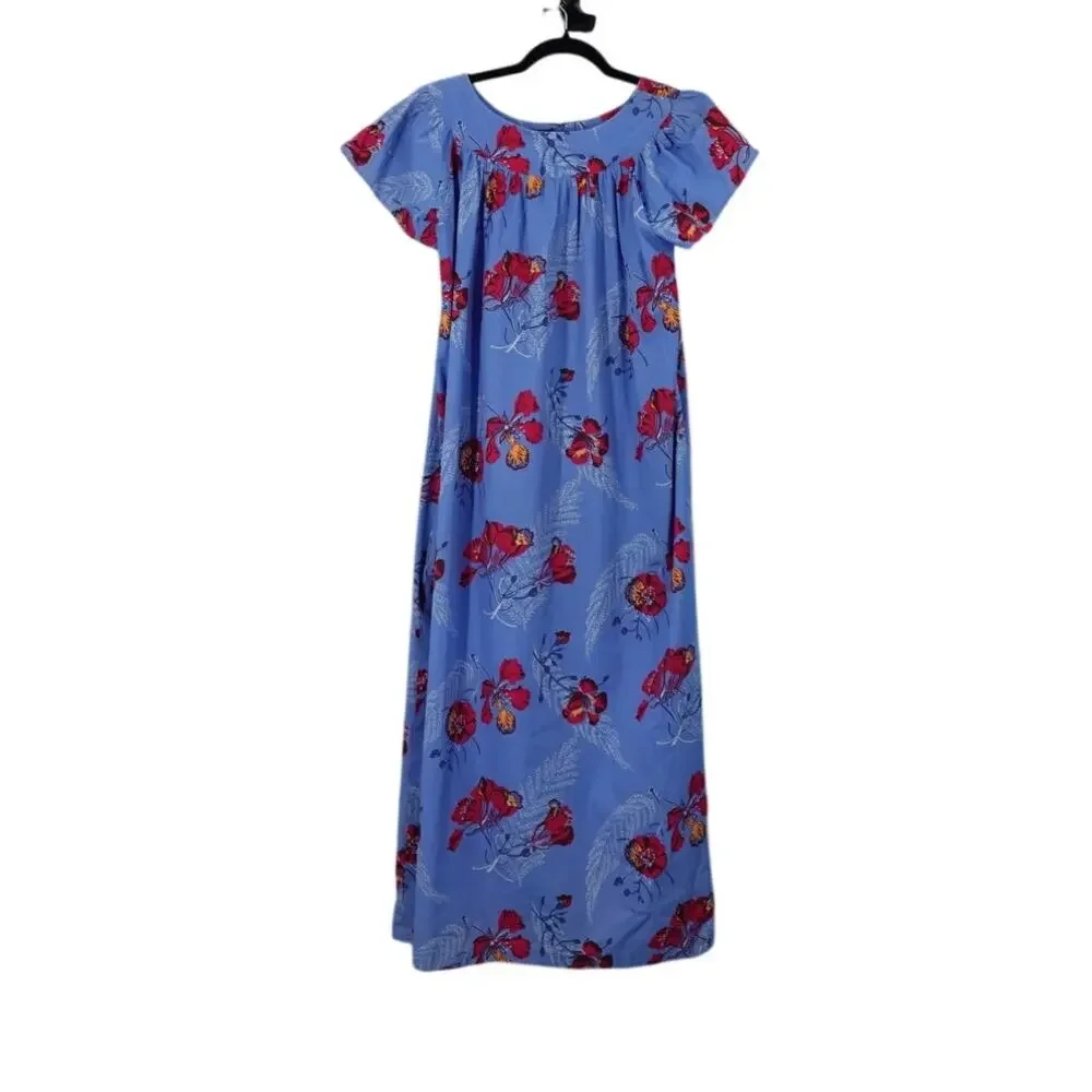 Vintage Cotton Blue Hawaiian Floral Dress
